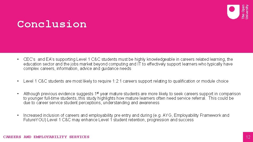 Conclusion • CEC’s and EA’s supporting Level 1 C&C students must be highly knowledgeable