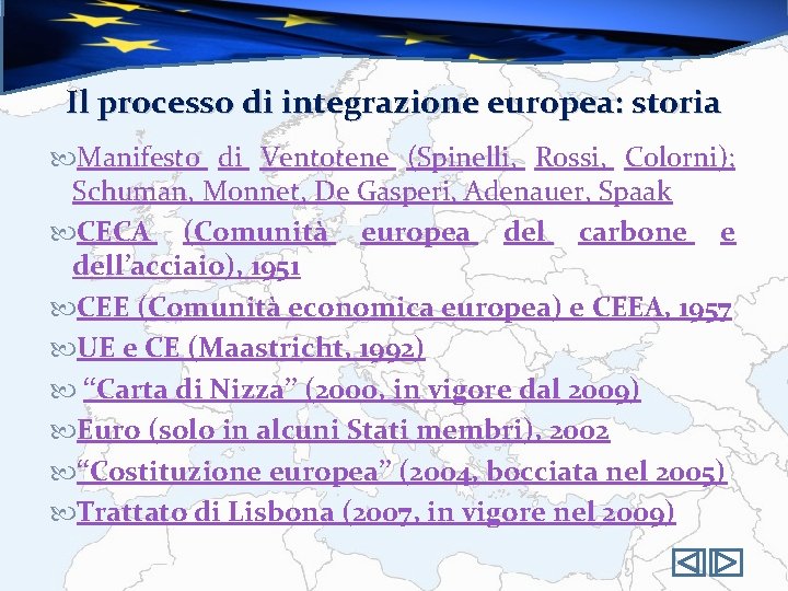 Il processo di integrazione europea: storia Manifesto di Ventotene (Spinelli, Rossi, Colorni); Schuman, Monnet,