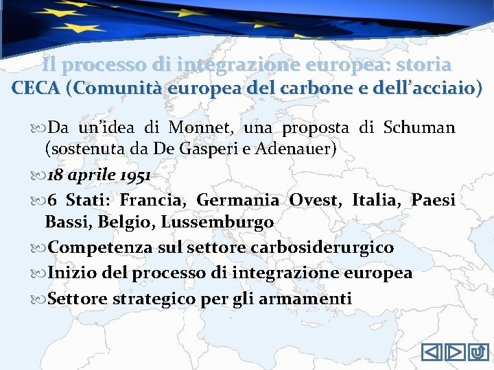 Il processo di integrazione europea: storia CECA (Comunità europea del carbone e dell’acciaio) Da