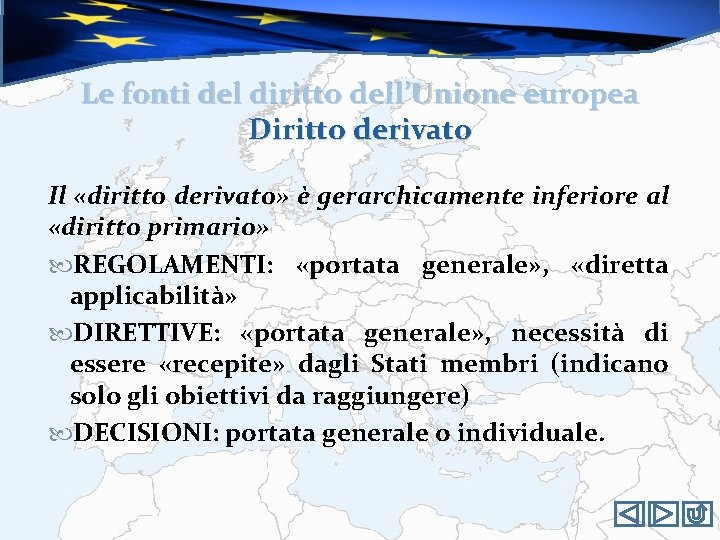 Le fonti del diritto dell’Unione europea Diritto derivato Il «diritto derivato» è gerarchicamente inferiore