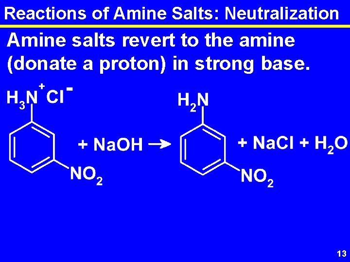 Reactions of Amine Salts: Neutralization Amine salts revert to the amine (donate a proton)