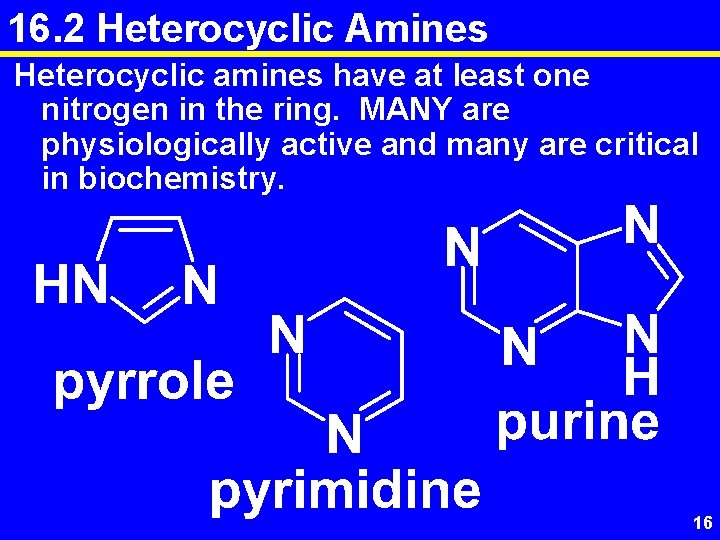 16. 2 Heterocyclic Amines Heterocyclic amines have at least one nitrogen in the ring.