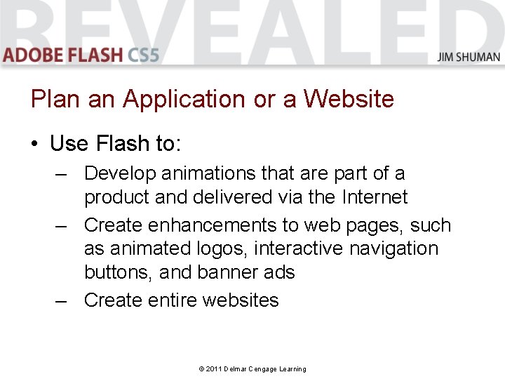 Plan an Application or a Website • Use Flash to: – Develop animations that