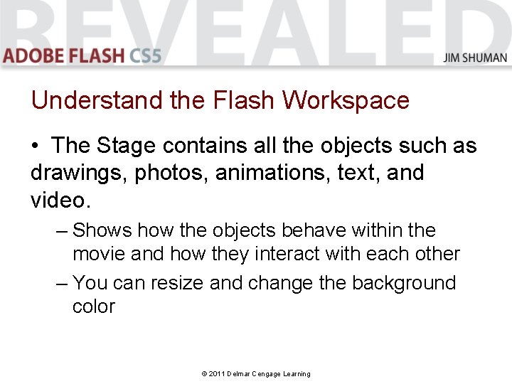 Understand the Flash Workspace • The Stage contains all the objects such as drawings,