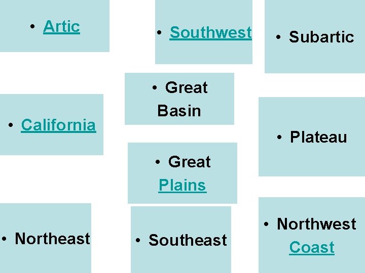  • Artic • California • Southwest • Subartic • Great Basin • Plateau