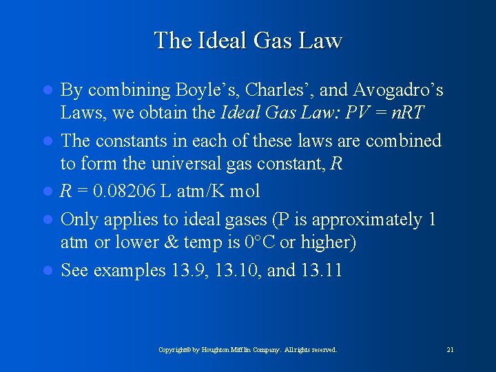 The Ideal Gas Law l l l By combining Boyle’s, Charles’, and Avogadro’s Laws,