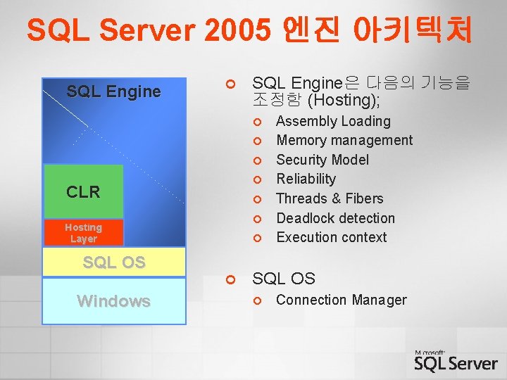SQL Server 2005 엔진 아키텍처 SQL Engine ¢ SQL Engine은 다음의 기능을 조정함 (Hosting);