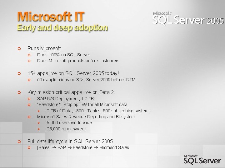 ¢ Runs Microsoft ¢ ¢ ¢ 15+ apps live on SQL Server 2005 today!