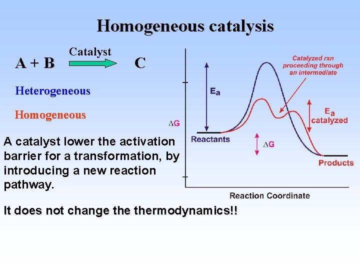 Homogeneous catalysis A+B Catalyst C Heterogeneous Homogeneous A catalyst lower the activation barrier for