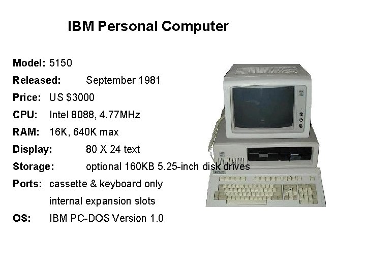 IBM Personal Computer Model: 5150 Released: September 1981 Price: US $3000 CPU: Intel 8088,