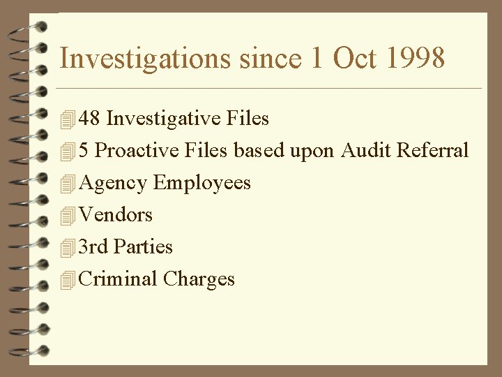 Investigations since 1 Oct 1998 4 48 Investigative Files 4 5 Proactive Files based