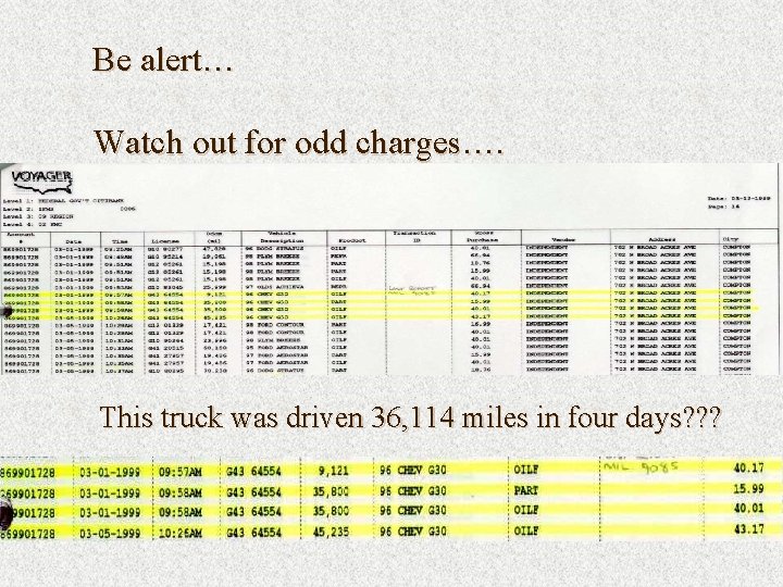 Be alert… Watch out for odd charges…. This truck was driven 36, 114 miles