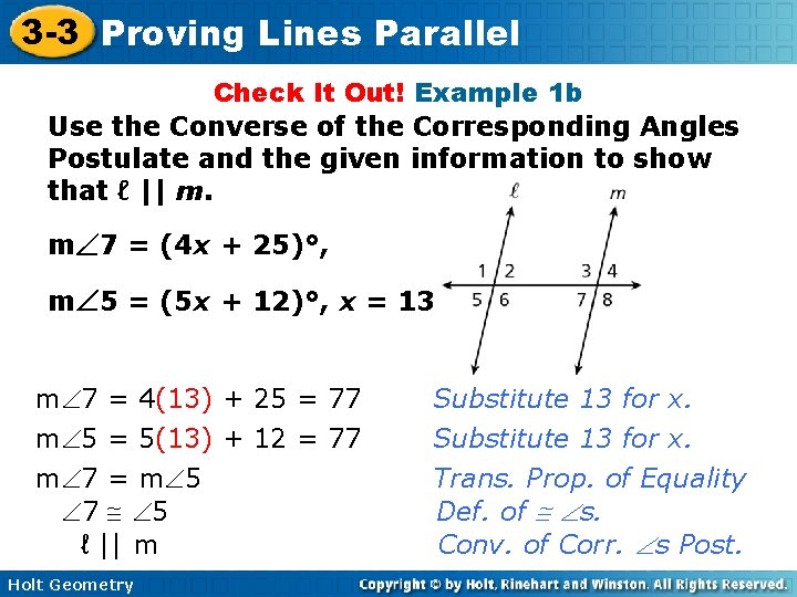 3 -3 Proving Lines Parallel Check It Out! Example 1 b Use the Converse