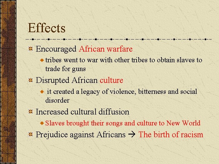 Effects Encouraged African warfare tribes went to war with other tribes to obtain slaves