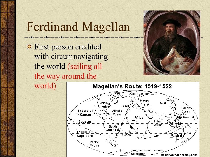 Ferdinand Magellan First person credited with circumnavigating the world (sailing all the way around