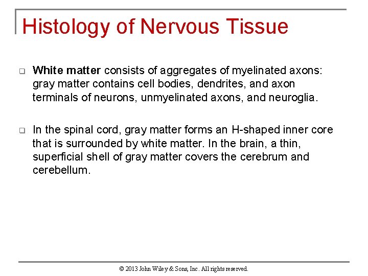 Histology of Nervous Tissue q White matter consists of aggregates of myelinated axons: gray