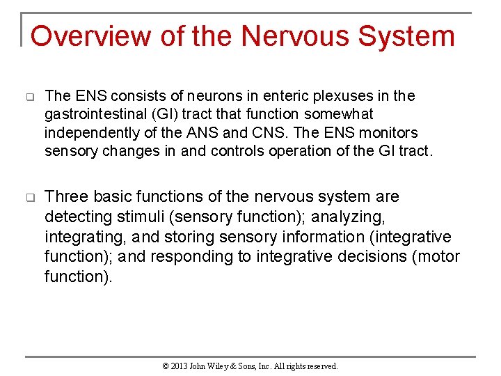 Overview of the Nervous System q The ENS consists of neurons in enteric plexuses