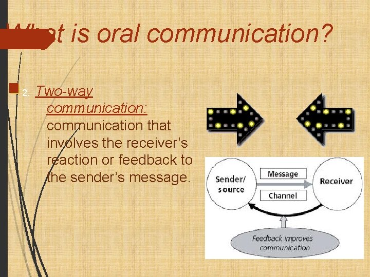 What is oral communication? 2. Two-way communication: communication that involves the receiver’s reaction or