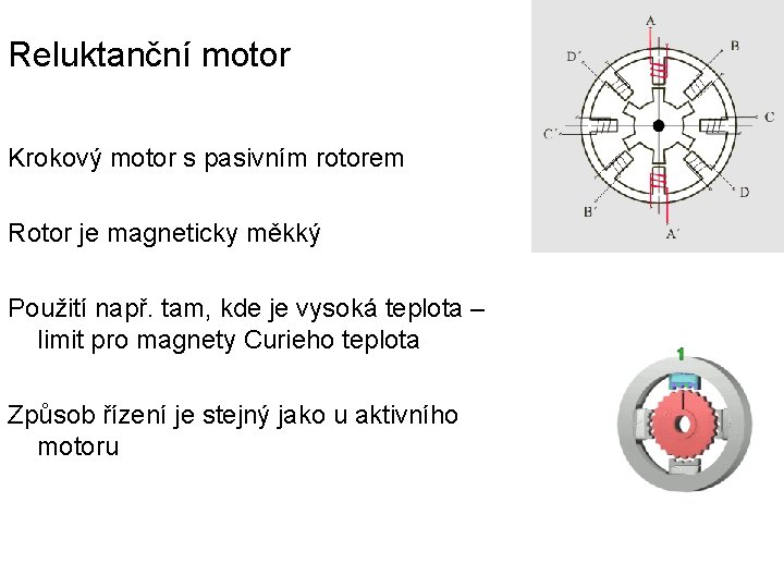 Reluktanční motor Krokový motor s pasivním rotorem Rotor je magneticky měkký Použití např. tam,