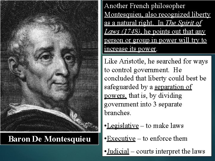 Another French philosopher Montesquieu, also recognized liberty as a natural right. In The Spirit