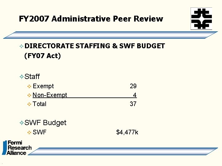 FY 2007 Administrative Peer Review ² DIRECTORATE STAFFING & SWF BUDGET (FY 07 Act)