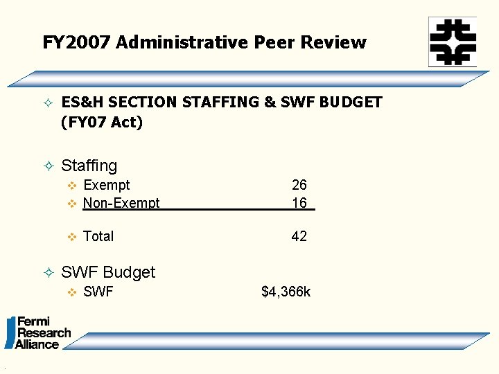 FY 2007 Administrative Peer Review ² ES&H SECTION STAFFING & SWF BUDGET (FY 07