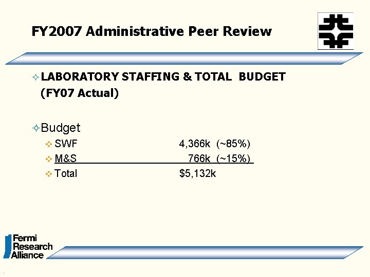 FY 2007 Administrative Peer Review ² LABORATORY STAFFING & TOTAL BUDGET (FY 07 Actual)