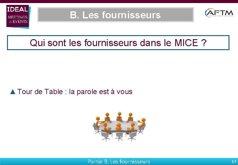 B. Les fournisseurs Qui sont les fournisseurs dans le MICE ? ▲ Tour de