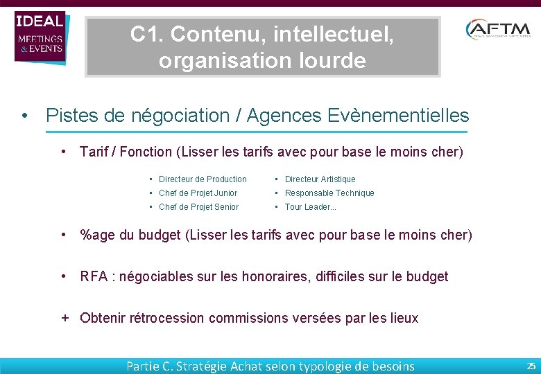 C 1. Contenu, intellectuel, organisation lourde • Pistes de négociation / Agences Evènementielles •
