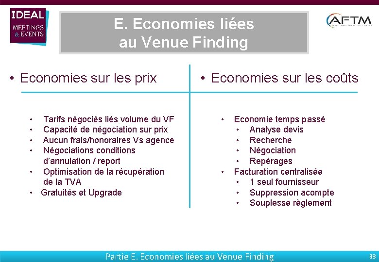 E. Economies liées au Venue Finding • Economies sur les prix • • Tarifs
