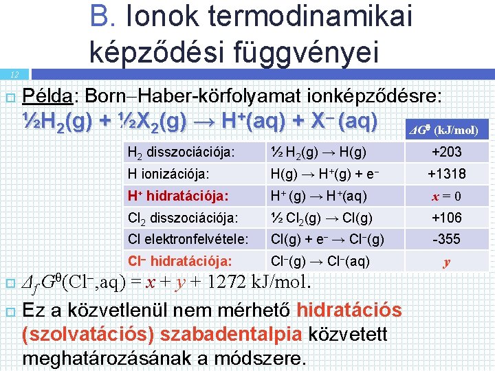 B. Ionok termodinamikai képződési függvényei 12 Példa: Born Haber-körfolyamat ionképződésre: ½H 2(g) + ½X