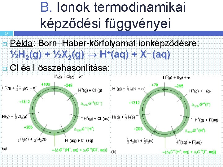 B. Ionok termodinamikai képződési függvényei 13 Példa: Born Haber-körfolyamat ionképződésre: ½H 2(g) + ½X