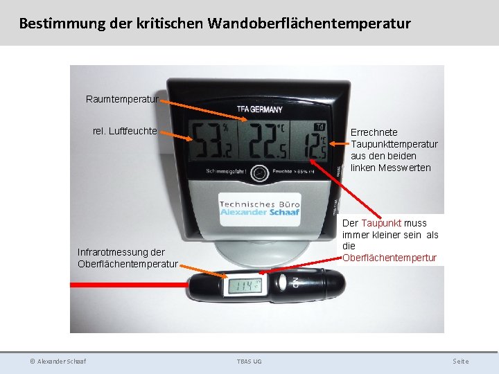 Bestimmung der kritischen Wandoberflächentemperatur Raumtemperatur rel. Luftfeuchte Errechnete Taupunkttemperatur aus den beiden linken Messwerten