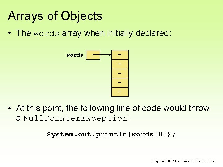 Arrays of Objects • The words array when initially declared: words - • At