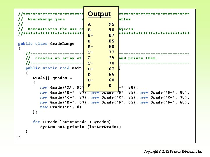 Output //********************************** // Grade. Range. java Author: Lewis/Loftus // A 95 // Demonstrates the