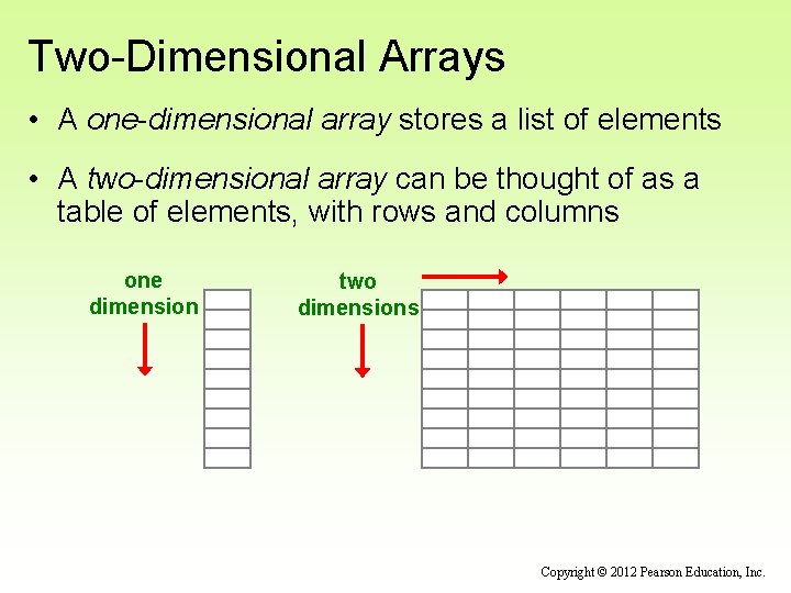 Two-Dimensional Arrays • A one-dimensional array stores a list of elements • A two-dimensional