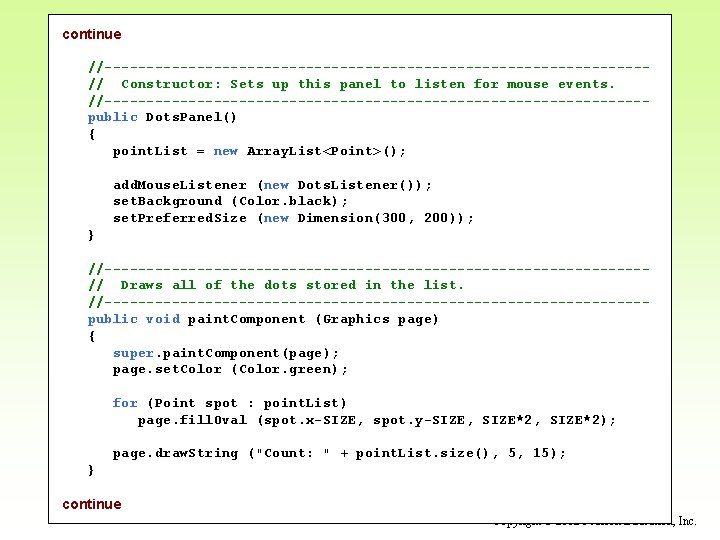 continue //--------------------------------// Constructor: Sets up this panel to listen for mouse events. //--------------------------------public Dots.