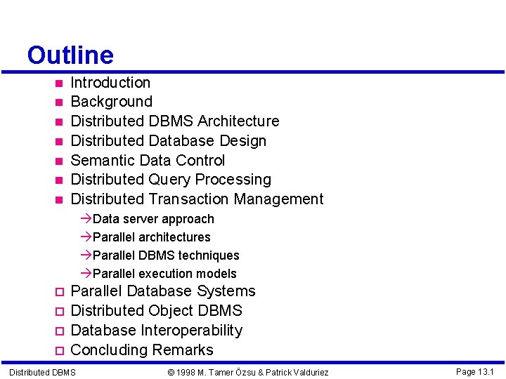 Outline Introduction Background Distributed DBMS Architecture Distributed Database Design Semantic Data Control Distributed Query