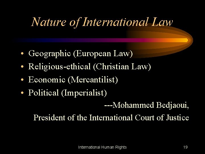 Nature of International Law • • Geographic (European Law) Religious-ethical (Christian Law) Economic (Mercantilist)