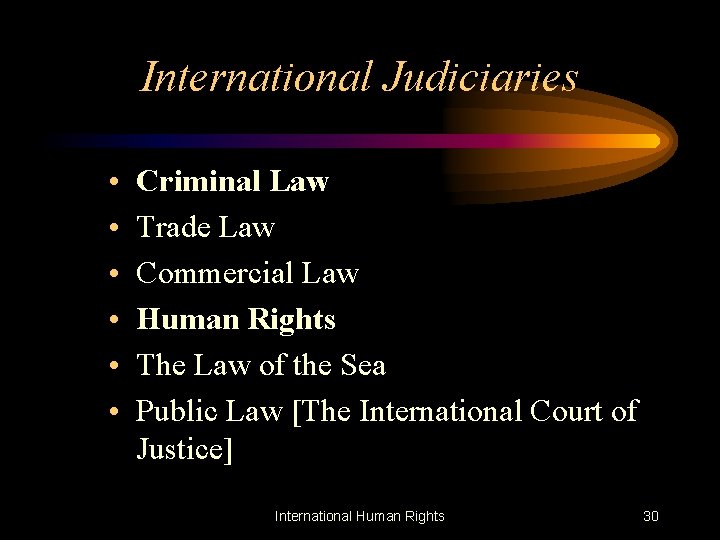 International Judiciaries • • • Criminal Law Trade Law Commercial Law Human Rights The