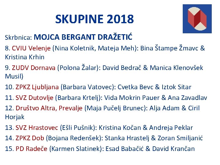SKUPINE 2018 Skrbnica: MOJCA BERGANT DRAŽETIĆ 8. CVIU Velenje (Nina Koletnik, Mateja Meh): Bina