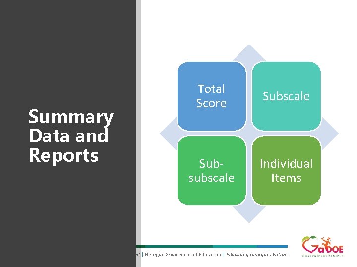 Summary Data and Reports Total Score Subscale Subsubscale Individual Items Richard Woods, Georgia’s School