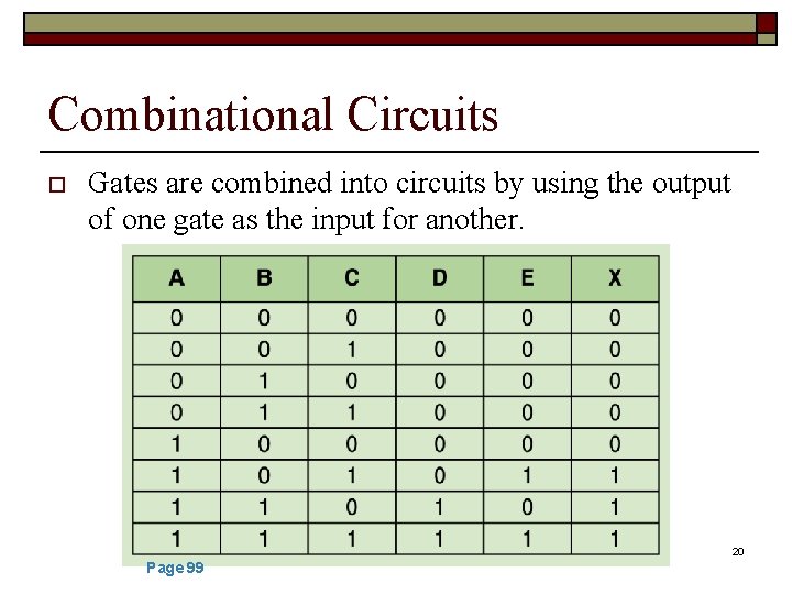 Combinational Circuits o Gates are combined into circuits by using the output of one
