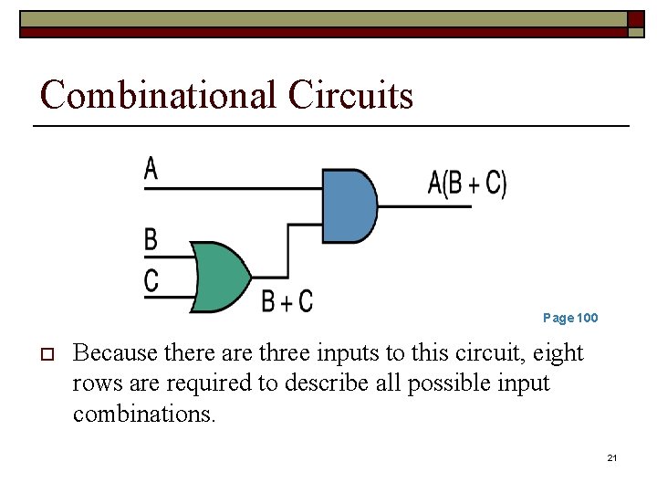 Combinational Circuits Page 100 o Because there are three inputs to this circuit, eight