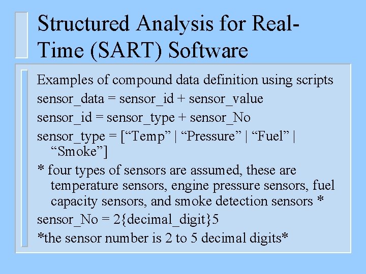 Structured Analysis for Real. Time (SART) Software Examples of compound data definition using scripts