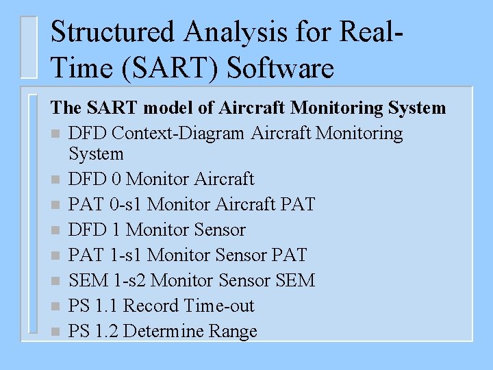 Structured Analysis for Real. Time (SART) Software The SART model of Aircraft Monitoring System