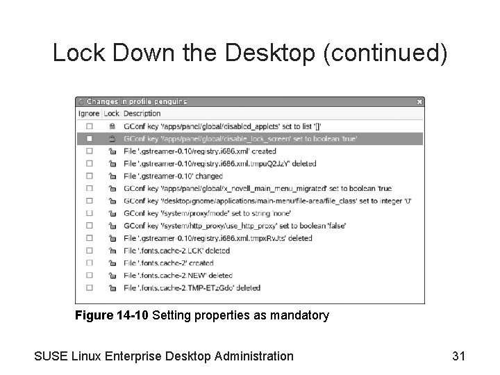 Lock Down the Desktop (continued) Figure 14 -10 Setting properties as mandatory SUSE Linux