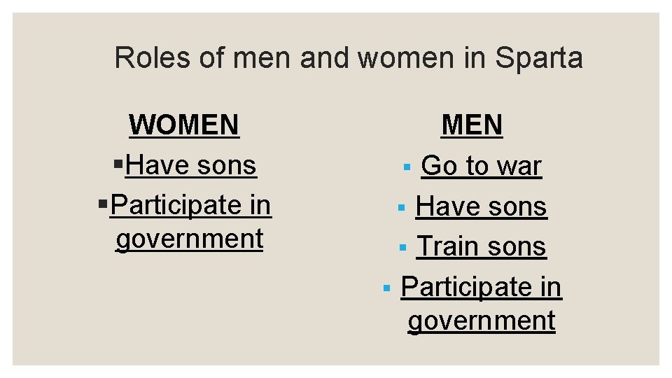 Roles of men and women in Sparta WOMEN §Have sons §Participate in government MEN