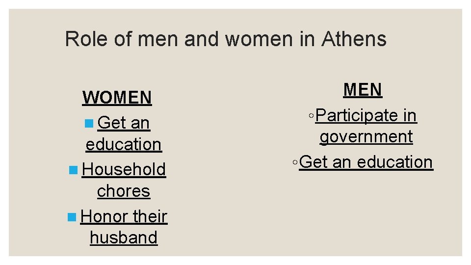 Role of men and women in Athens WOMEN n Get an education n Household