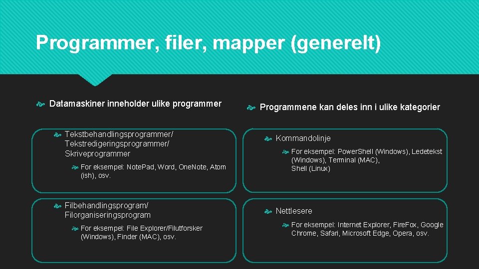 Programmer, filer, mapper (generelt) Datamaskiner inneholder ulike programmer Tekstbehandlingsprogrammer/ Tekstredigeringsprogrammer/ Skriveprogrammer For eksempel: Note.